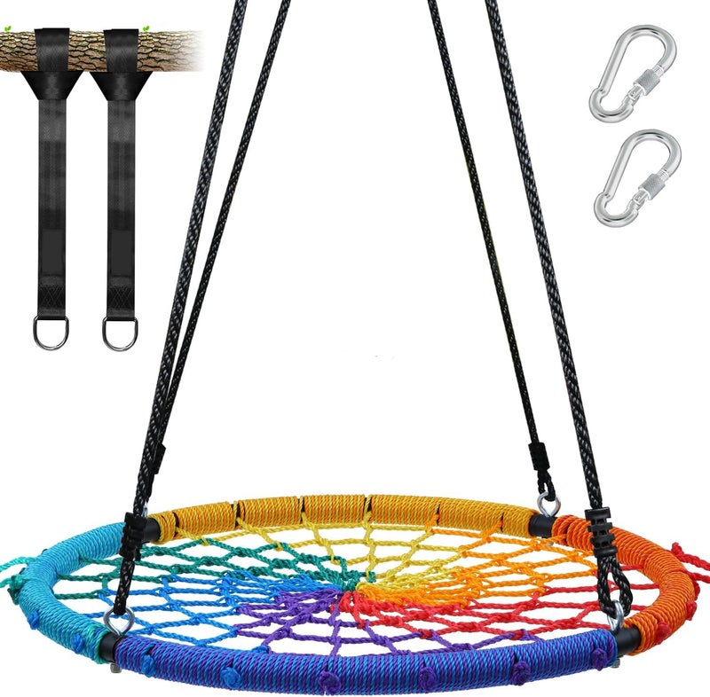 Trekassy 750 lb Spider Web Saucer Swing 40 inch for Tree Kids with Steel Frame and 2 Hanging StrapsRainbow