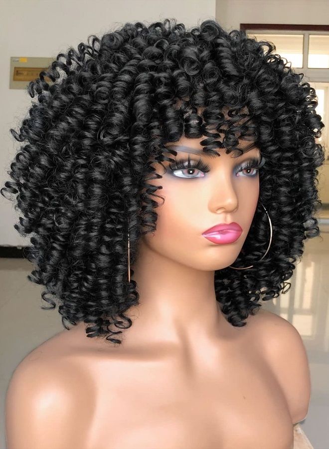 Lizzyhair باروكة لزي قصيرة ومجعدة مع غرة للنساء السوداء باروكة صناعية مقاومة للحرارة ومريحة (أسود) - Image 4