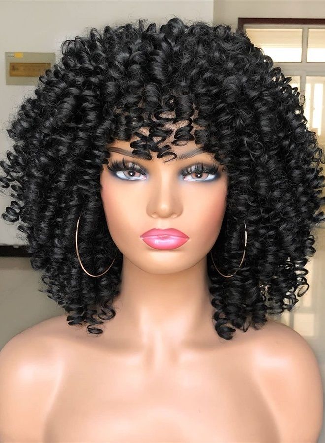Lizzyhair باروكة لزي قصيرة ومجعدة مع غرة للنساء السوداء باروكة صناعية مقاومة للحرارة ومريحة (أسود) - Image 2