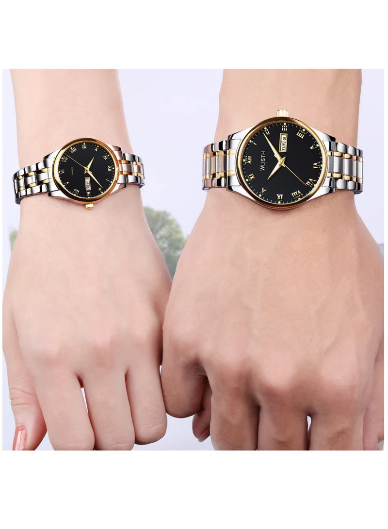 Zikra Valentines Couple Pair Quartz Watches Luminous Calendar Date Window 3ATM Waterproof, Casual Stainless Steel His and Hers Wristwatch for Men Women Lovers Wedding Romantic Gifts Set of 2d - Image 2
