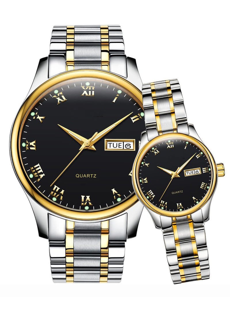 Zikra Valentines Couple Pair Quartz Watches Luminous Calendar Date Window 3ATM Waterproof, Casual Stainless Steel His and Hers Wristwatch for Men Women Lovers Wedding Romantic Gifts Set of 2d - Image 1