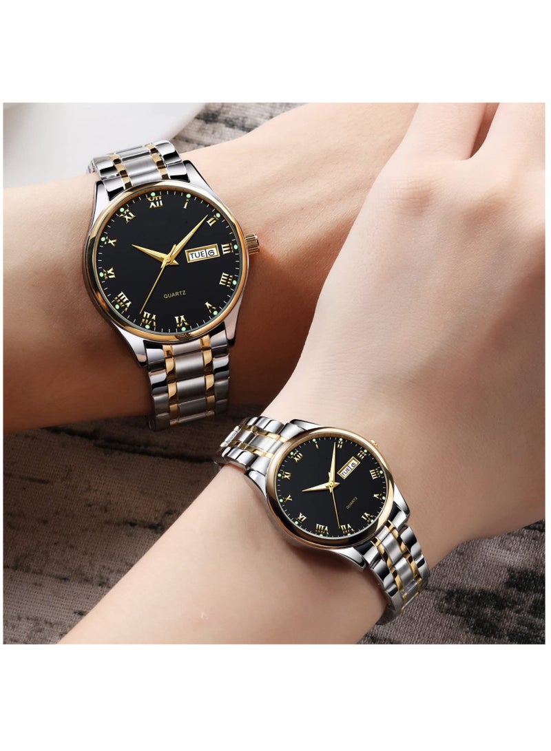 Zikra Valentines Couple Pair Quartz Watches Luminous Calendar Date Window 3ATM Waterproof, Casual Stainless Steel His and Hers Wristwatch for Men Women Lovers Wedding Romantic Gifts Set of 2d - Image 3