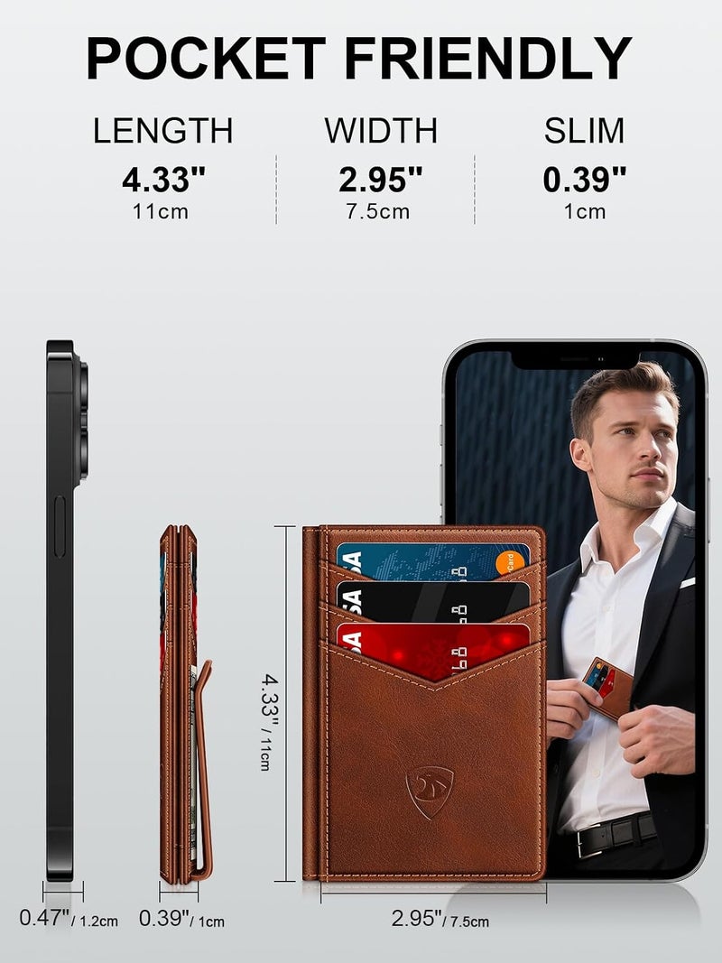ZALVEX محفظة زالفكس للرجال محافظ جلدية لـ 12-15 بطاقة، حامل بطاقات نحيل بسيط مع حجب RFID ومشبك نقود ونافذة هوية، بني محمر، 4.33 × 2.95 × 0.39 بوصة، بسيط - Image 2