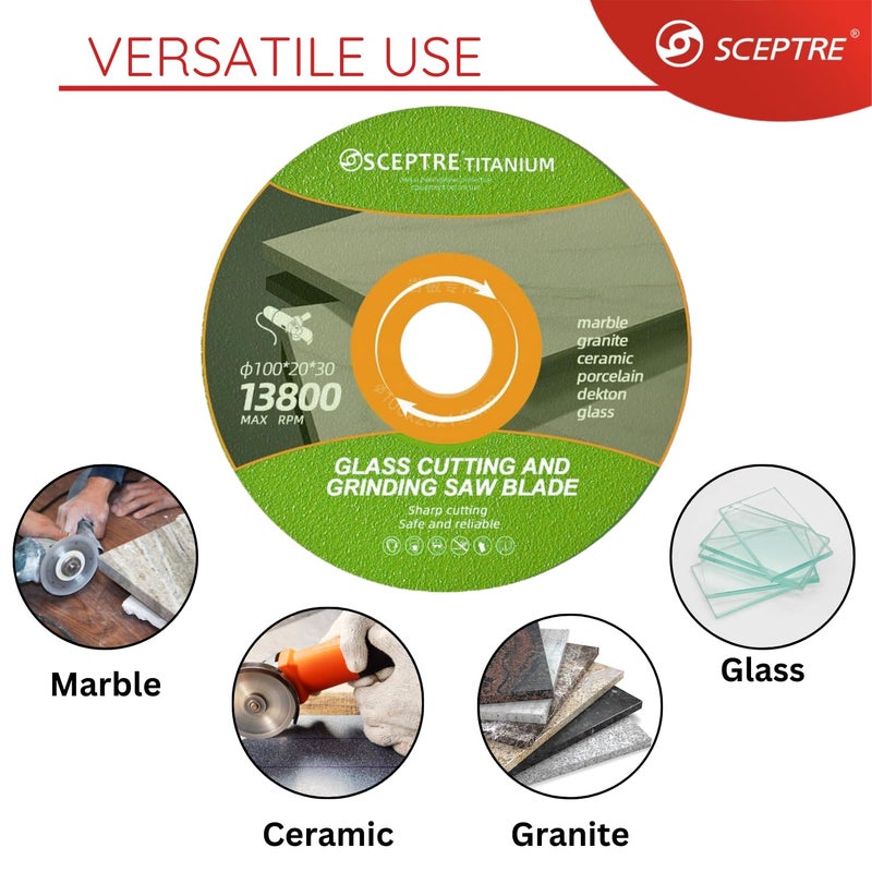 Sceptre 100mm Glass Cutting & Grinding Disc for Angle Grinder – 13800 RPM Blade for Marble, Granite, Tile, Glass – Dry Cut Cutter Wheel with Long Life & Precision Cuts (Green) - Image 3
