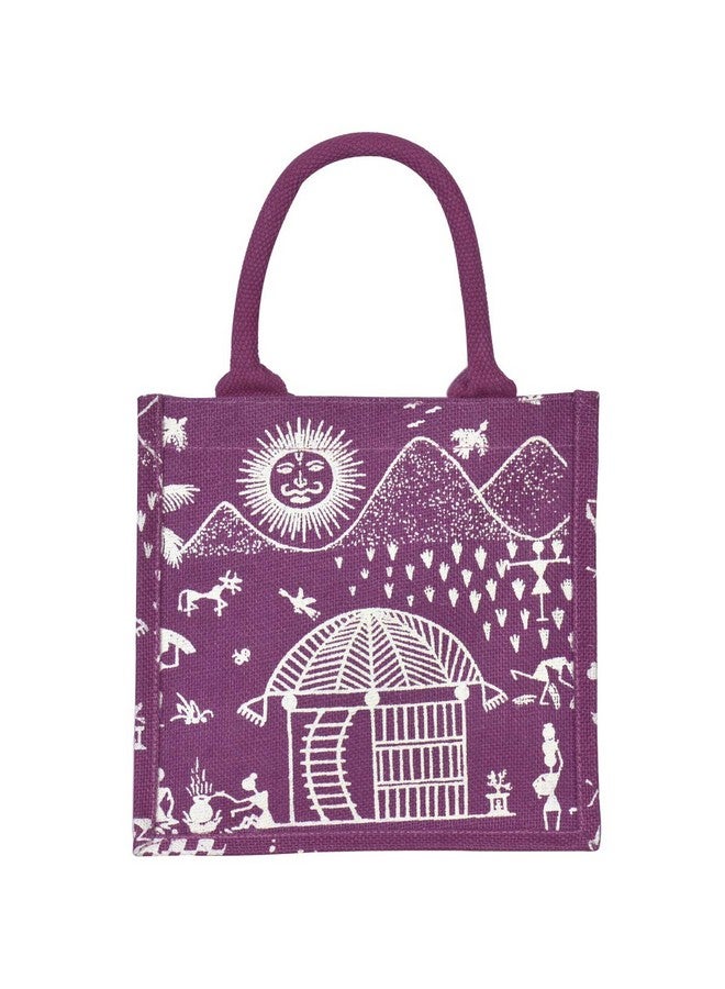 Jute Cottage Jute Bags for Lunch for Women and Men | Jute Grocery Bag | Jute Carry Bag | Jute Tiffin Bags | Jute Bags with Zip | Printed Jute Bag | Warli Print | Magenta - Image 1