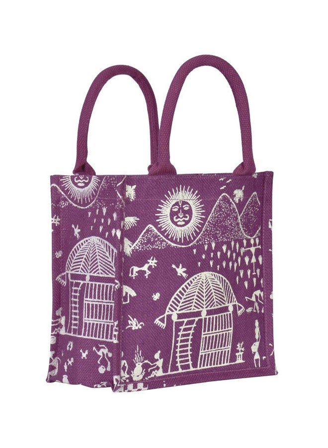 Jute Cottage Jute Bags for Lunch for Women and Men | Jute Grocery Bag | Jute Carry Bag | Jute Tiffin Bags | Jute Bags with Zip | Printed Jute Bag | Warli Print | Magenta - Image 2