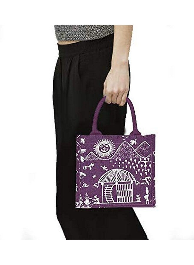 Jute Cottage Jute Bags for Lunch for Women and Men | Jute Grocery Bag | Jute Carry Bag | Jute Tiffin Bags | Jute Bags with Zip | Printed Jute Bag | Warli Print | Magenta - Image 5