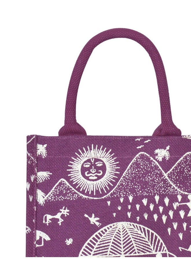 Jute Cottage Jute Bags for Lunch for Women and Men | Jute Grocery Bag | Jute Carry Bag | Jute Tiffin Bags | Jute Bags with Zip | Printed Jute Bag | Warli Print | Magenta - Image 4