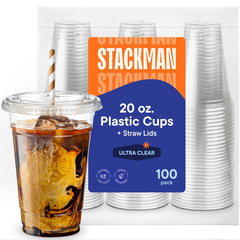 100 Sets  20 oz Clear Plastic Cups with Straw Slot Lid PET Crystal Clear Disposable 20oz Plastic Cups with lids