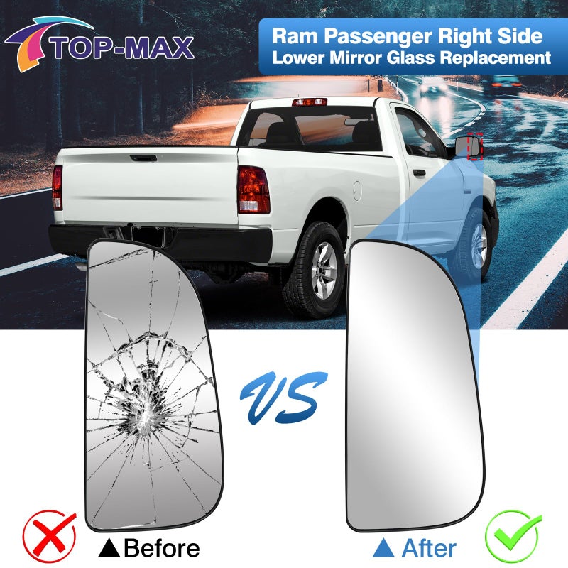 TOP-MAX 68067730AA Ram Passenger Right Side Lower Mirror Glass Replacement for 2010-2020 Dodge Ram 1500-5500 Towing Model, Convex With Bracket - Image 2