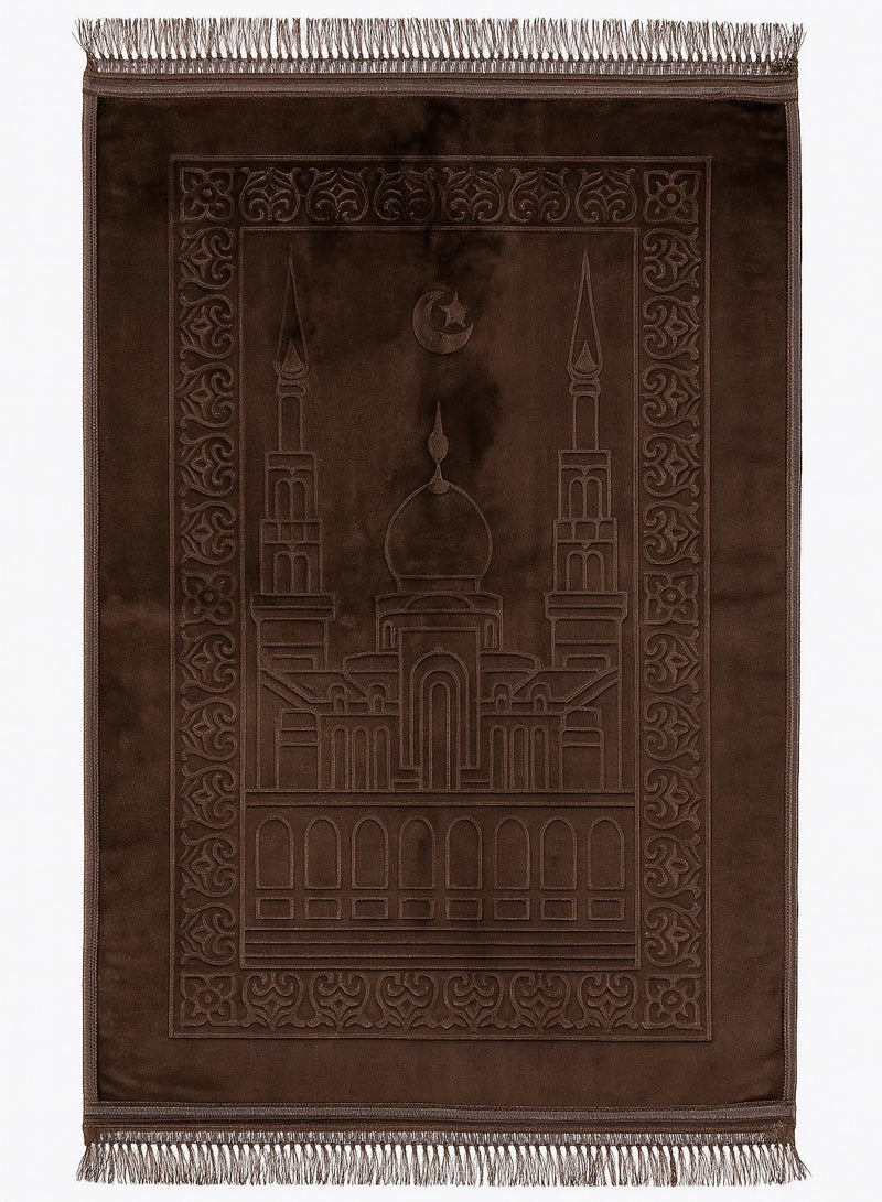 Anti-Slip Velvet Top Foam Embossed Prayer Mat Brown 80x120 cm