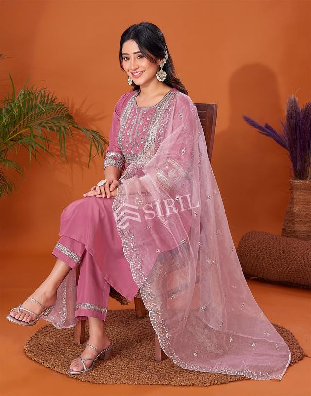 SIRIL Cotton Blend Suit Set for Women | Sequence Embroidery Kurta with Pant & Dupatta | Straight Kurta Set (109KBD1192A-M_Dusty Pink) - Image 3