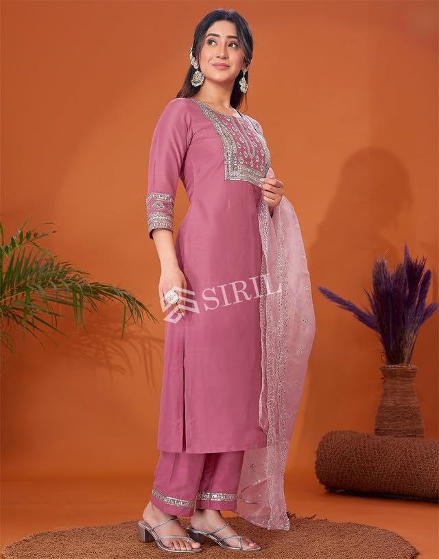 SIRIL Cotton Blend Suit Set for Women | Sequence Embroidery Kurta with Pant & Dupatta | Straight Kurta Set (109KBD1192A-M_Dusty Pink) - Image 2