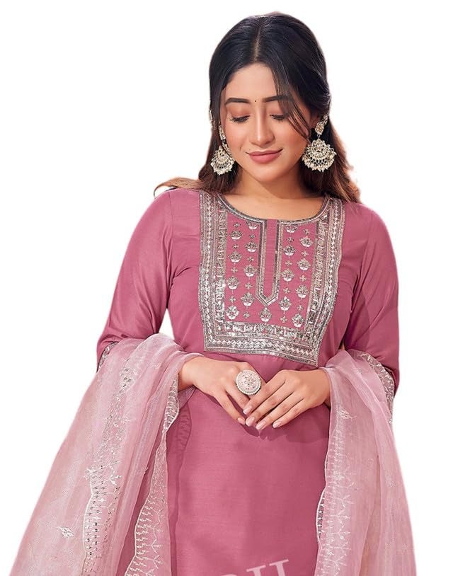 SIRIL Cotton Blend Suit Set for Women | Sequence Embroidery Kurta with Pant & Dupatta | Straight Kurta Set (109KBD1192A-M_Dusty Pink) - Image 1