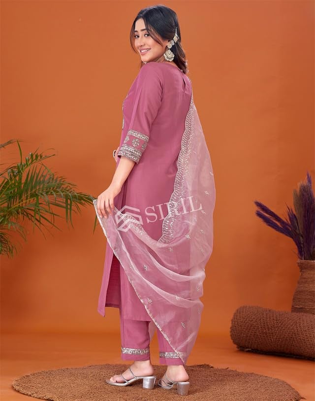 SIRIL Cotton Blend Suit Set for Women | Sequence Embroidery Kurta with Pant & Dupatta | Straight Kurta Set (109KBD1192A-M_Dusty Pink) - Image 4
