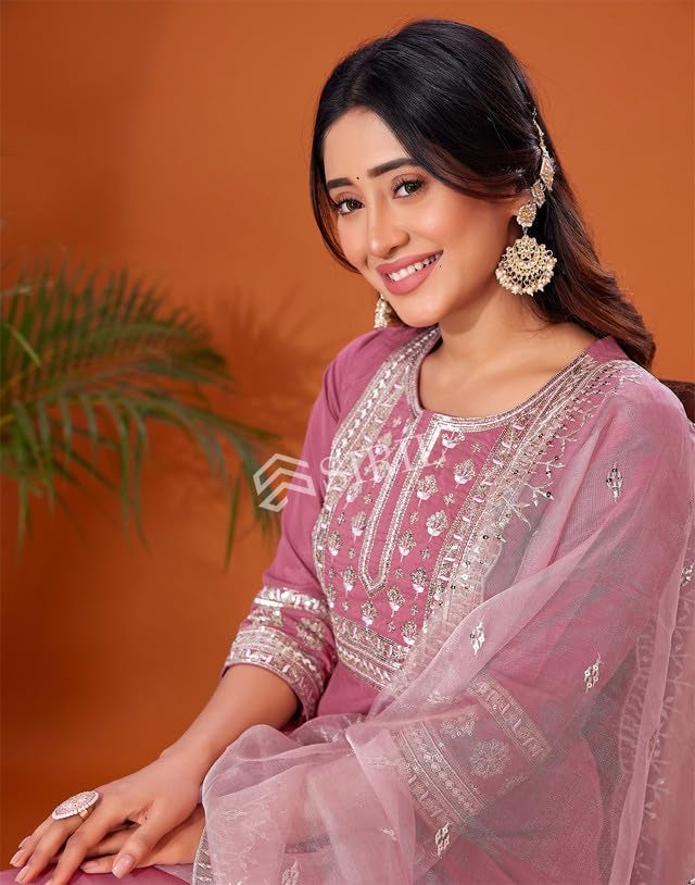 SIRIL Cotton Blend Suit Set for Women | Sequence Embroidery Kurta with Pant & Dupatta | Straight Kurta Set (109KBD1192A-M_Dusty Pink) - Image 5