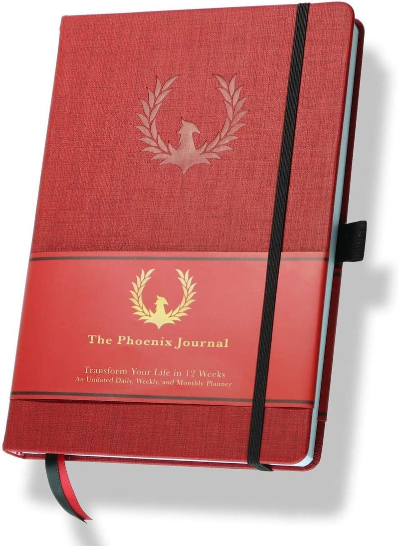 The Phoenix Journal Best Daily Goal Planner Organizer Calendar for Goal Setting Gratitude Happiness Productivity Vision Board Habit Tracking 12 Weeks Undated Hardcover Crimson