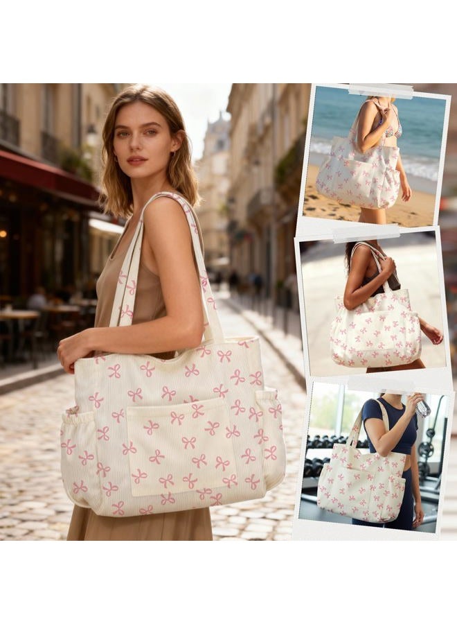 Hatisan Corduroy Tote Bag for Women,Large Capacity Cute Tote Bags With 6 Pockets,Crossbody Shoulder Handbag for Work Travel Gym, Pink Bows, 10.24 * 3.54 * 8.27 inch - Image 2