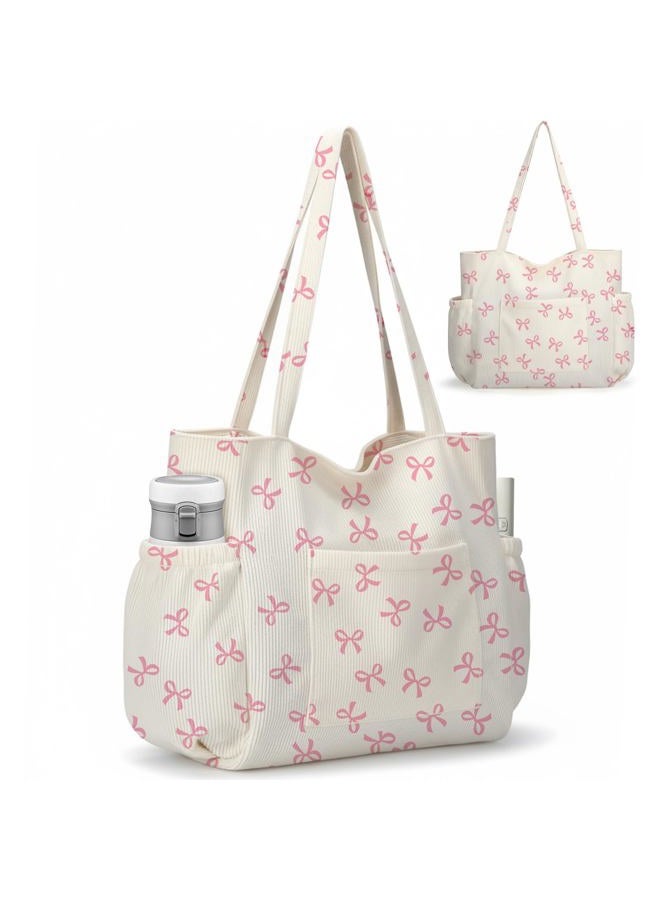 Hatisan Corduroy Tote Bag for Women,Large Capacity Cute Tote Bags With 6 Pockets,Crossbody Shoulder Handbag for Work Travel Gym, Pink Bows, 10.24 * 3.54 * 8.27 inch - Image 1