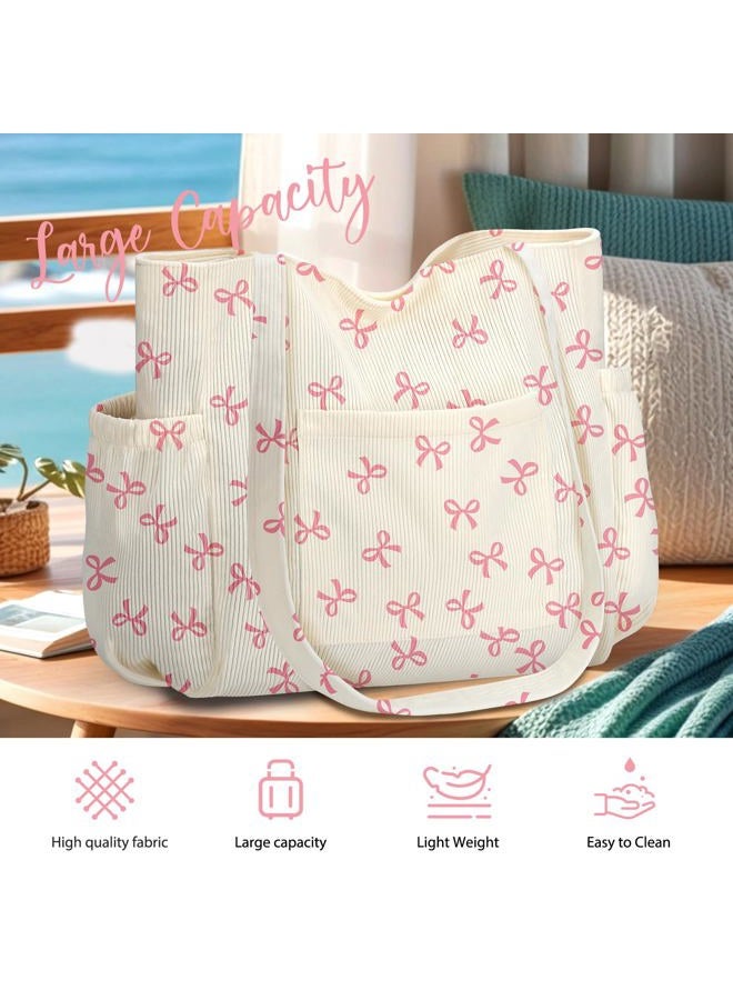 Hatisan Corduroy Tote Bag for Women,Large Capacity Cute Tote Bags With 6 Pockets,Crossbody Shoulder Handbag for Work Travel Gym, Pink Bows, 10.24 * 3.54 * 8.27 inch - Image 4