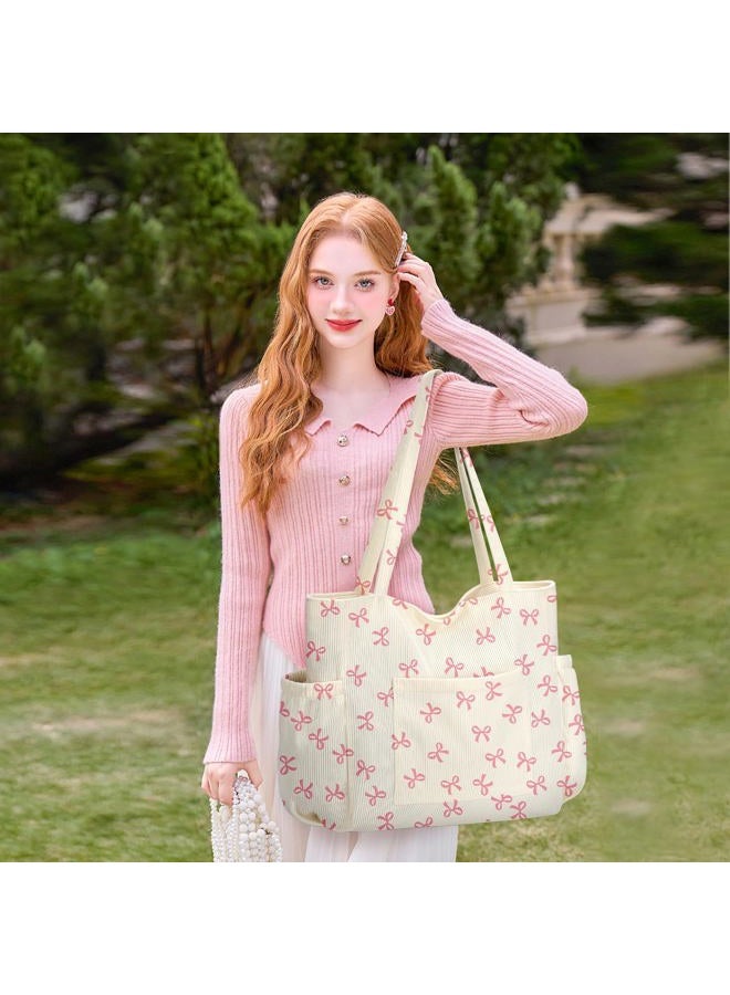 Hatisan Corduroy Tote Bag for Women,Large Capacity Cute Tote Bags With 6 Pockets,Crossbody Shoulder Handbag for Work Travel Gym, Pink Bows, 10.24 * 3.54 * 8.27 inch - Image 3