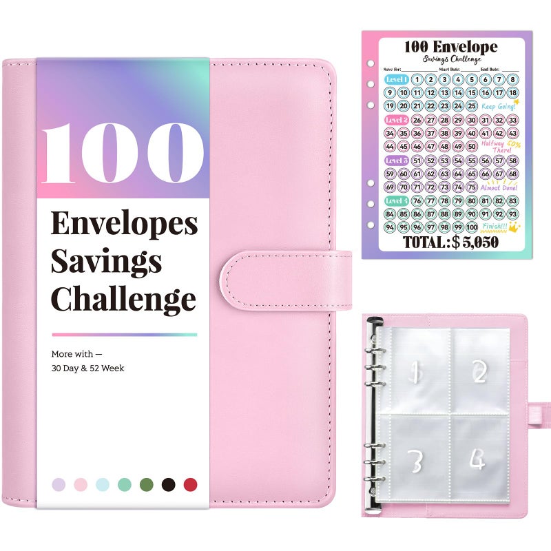 Sooez 100 Envelopes Money Saving Challenge, Savings Challenges Book with Envelopes, Flexible Saving $5050, $2600, $300, Savings Binder with 100 Pocket Pre-Number & Reusable Laminated Tracker - Image 1