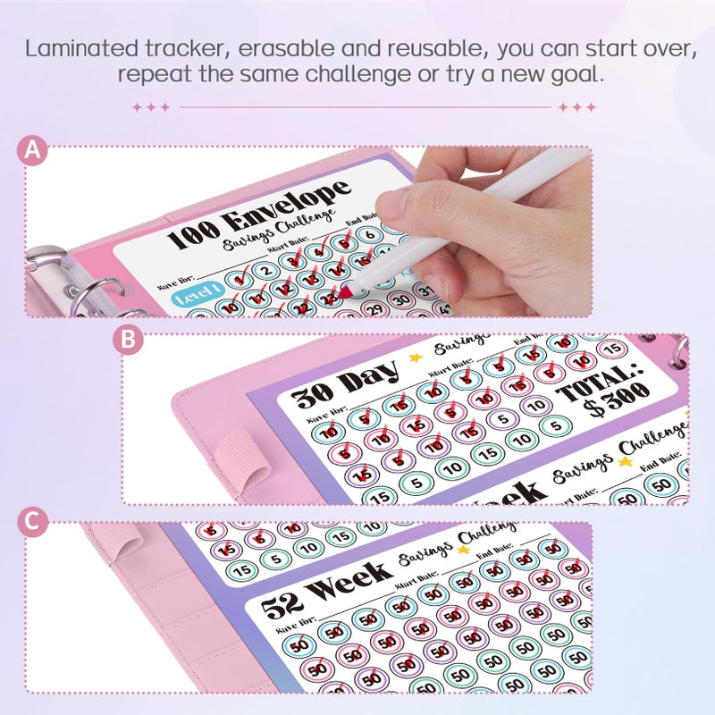 Sooez 100 Envelopes Money Saving Challenge, Savings Challenges Book with Envelopes, Flexible Saving $5050, $2600, $300, Savings Binder with 100 Pocket Pre-Number & Reusable Laminated Tracker - Image 4