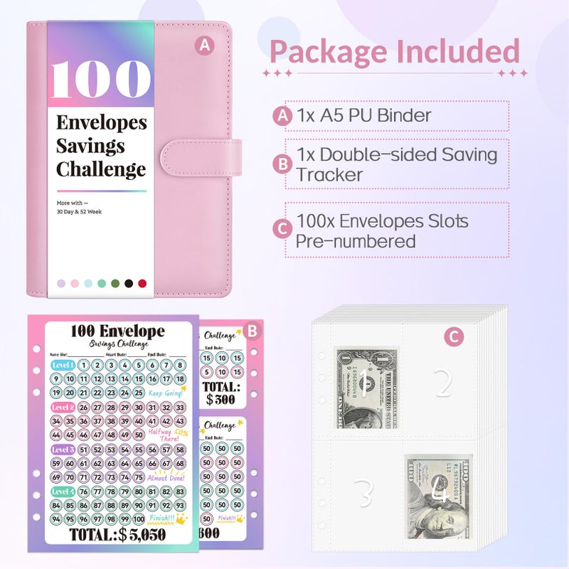 Sooez 100 Envelopes Money Saving Challenge, Savings Challenges Book with Envelopes, Flexible Saving $5050, $2600, $300, Savings Binder with 100 Pocket Pre-Number & Reusable Laminated Tracker - Image 2