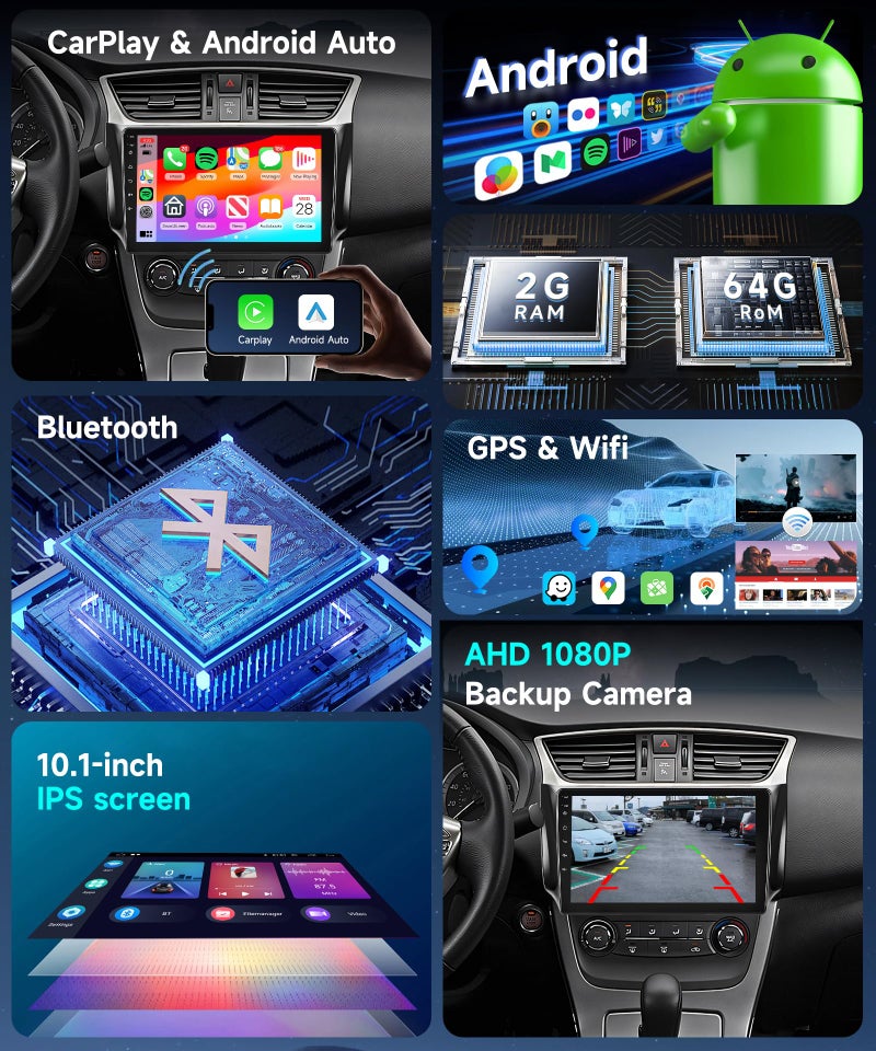 Podofo ستيريو سيارة HiFi 16EQ 2G+64G لنيسان سنترا سيلفي B17 2013-2017 مع راديو ووايرلس كار بلاي أندرويد أوتو ميرور لينك، شاشة تعمل باللمس 10.1 بوصة 1080P HD IPS، FM/RDS بلوتوث GPS واي فاي كاميرا خلفية - Image 3