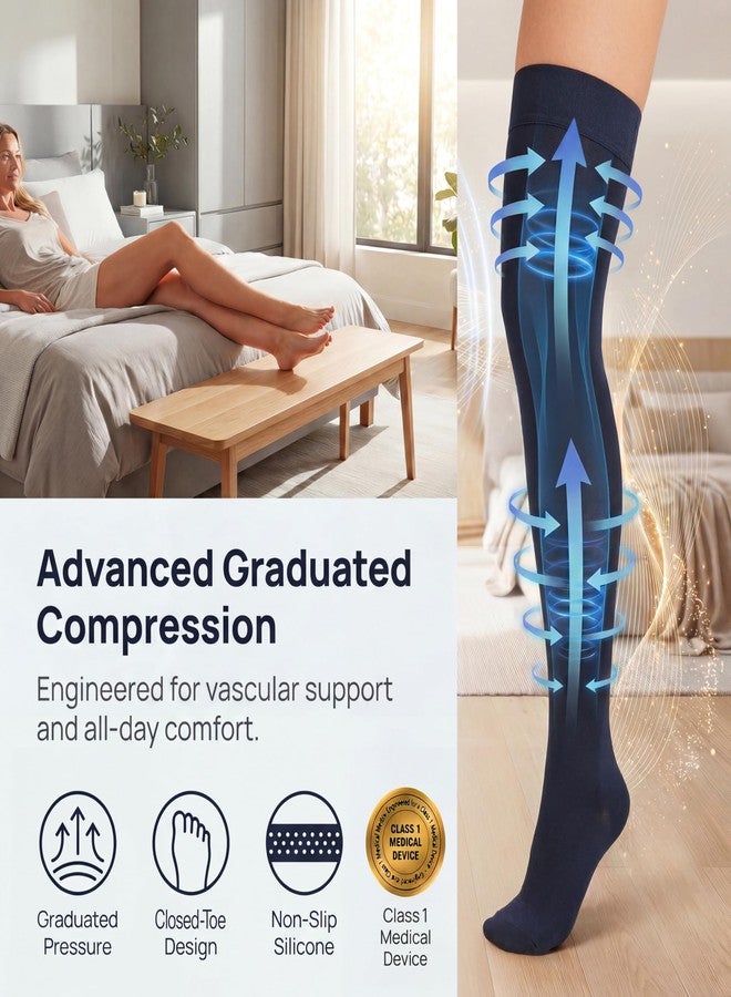 MGANG Medical 15-20 mmHg Compression Stockings for Women & Men, Pair, Thigh High Graduated Compression Socks, Closed Toe, Opaque, Support for Varicose Veins, Edema, DVT, Swelling, Flight, Navy Blue L - Image 2