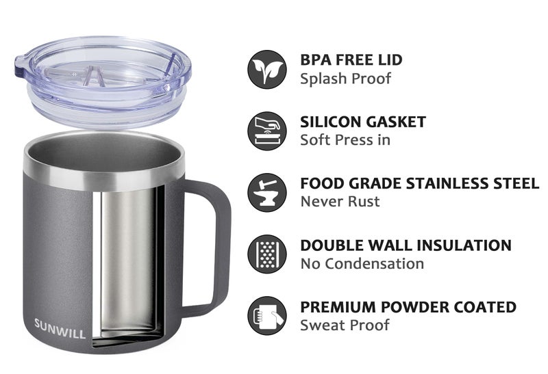 SUNWILL SUNWILL Coffee Mug with Handle  14oz Insulated Stainless Steel Coffee Travel Mug  Double Wall Vacuum Reusable Coffee Cup with Lid  Powder Coated Cool Grey - Image 2