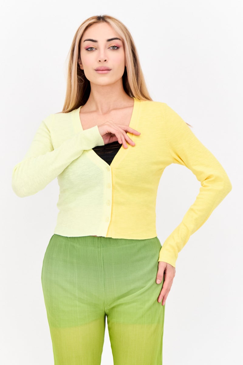 Bailey Rose Women Ribbed Two-tone Cardigan, Yellow - Image 1