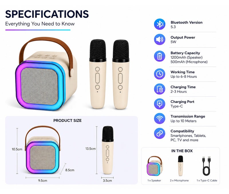 VENDIX Bluetooth Portable Karaoke Speaker with Wireless Microphones LED Light Rechargeable Kids Singing Machine for Mobile Laptop Home Party - Image 4
