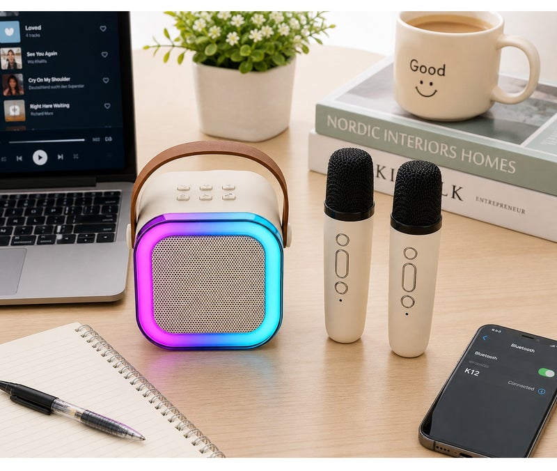 VENDIX Bluetooth Portable Karaoke Speaker with Wireless Microphones LED Light Rechargeable Kids Singing Machine for Mobile Laptop Home Party - Image 3