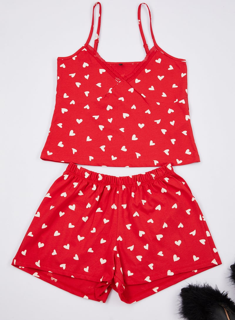 trendyol Red 100% Cotton Heart Lace Rope Suspender Shorts Knitted Pajamas Set - Image 4