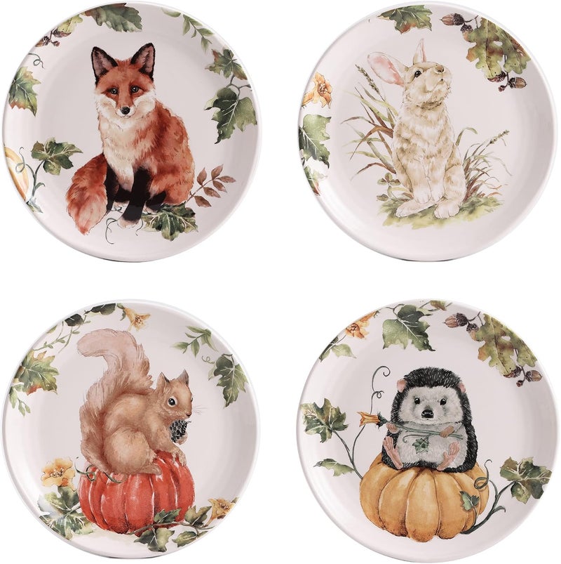 Bico Woodland Critters Ceramic Salad Plates, 8.75 inch, Set of 4, for Salad, Appetizer, Microwave & Dishwasher Safe - Image 1