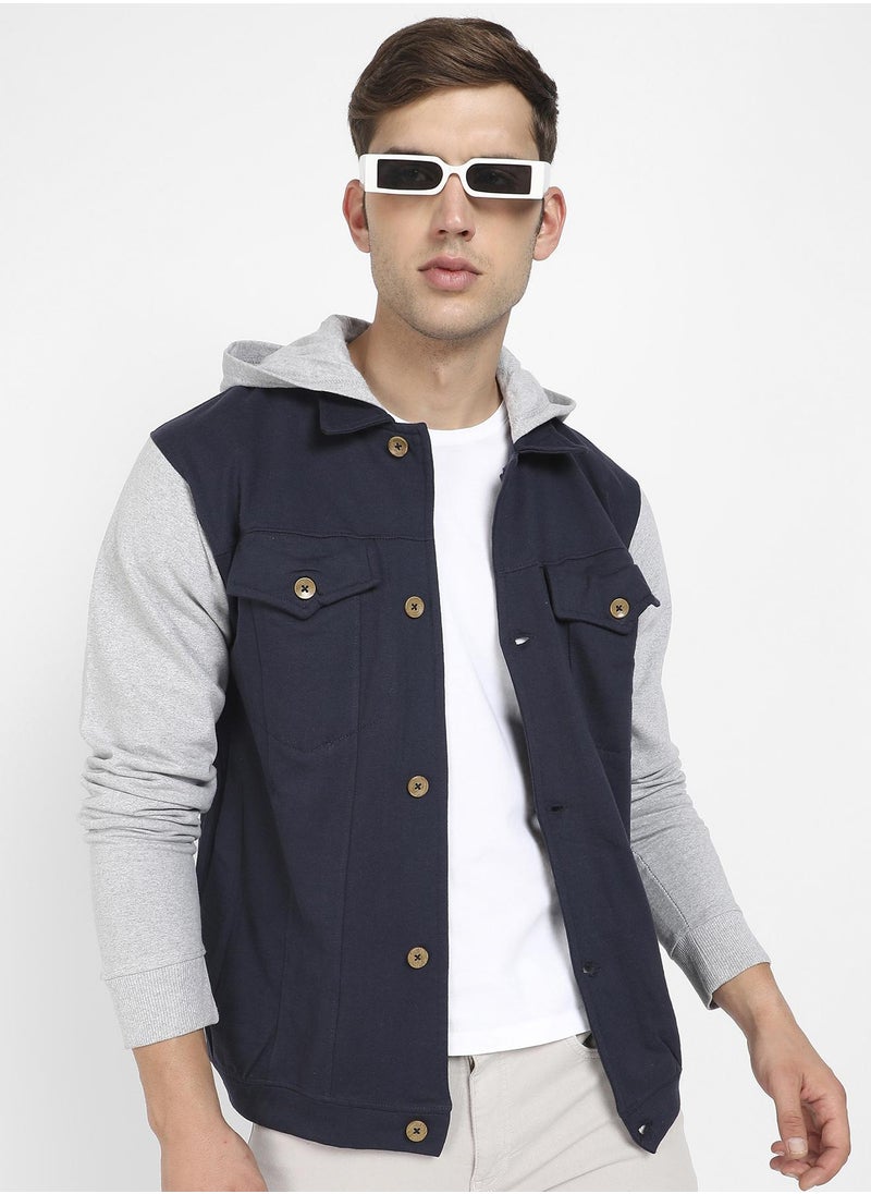 Campus Sutra Men's Grey & Navy Blue Button-Front Jacket With Contrast Detail  - Image 1