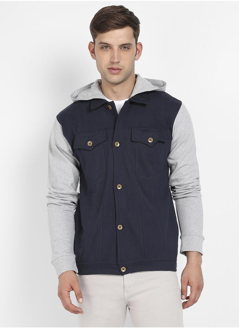 Campus Sutra Men's Grey & Navy Blue Button-Front Jacket With Contrast Detail  - Image 2