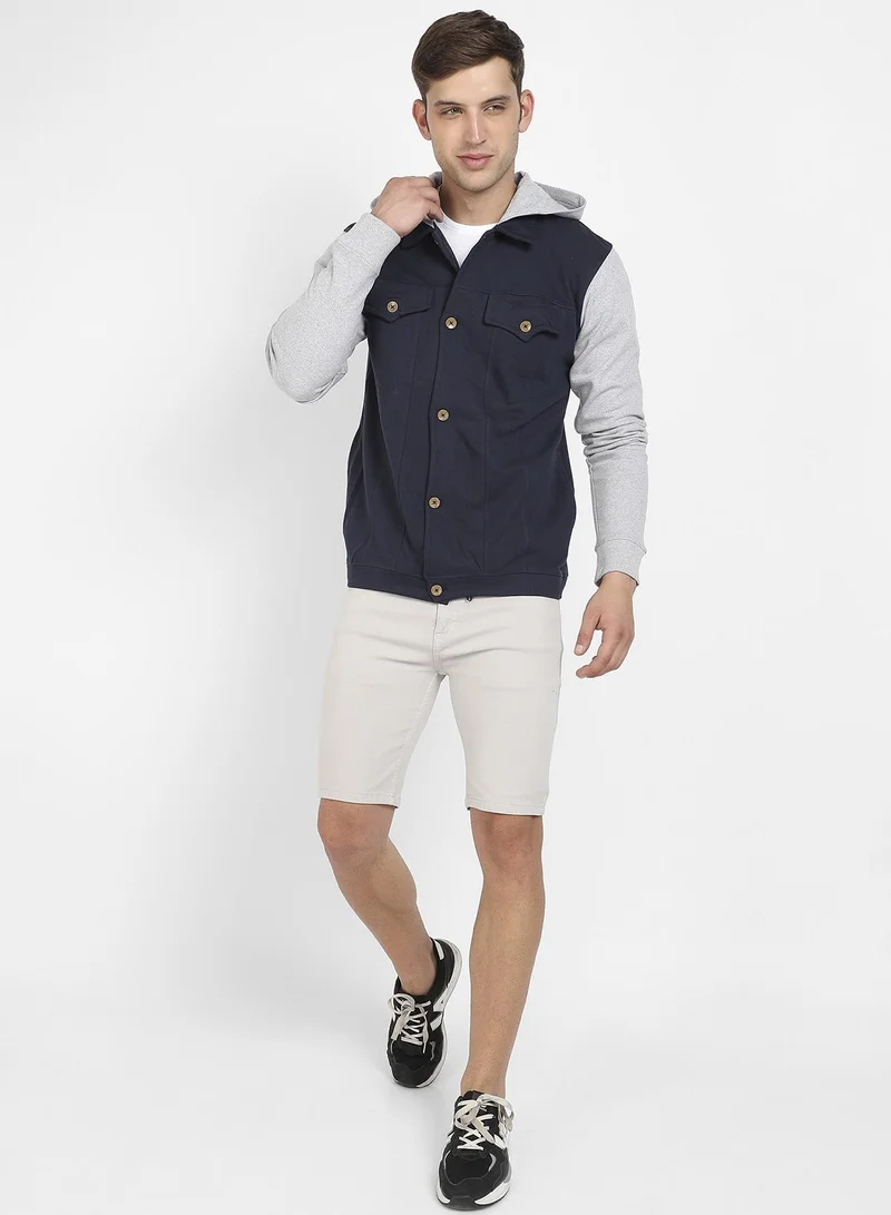 Campus Sutra Men's Grey & Navy Blue Button-Front Jacket With Contrast Detail