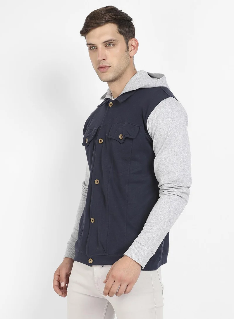 Campus Sutra Men's Grey & Navy Blue Button-Front Jacket With Contrast Detail