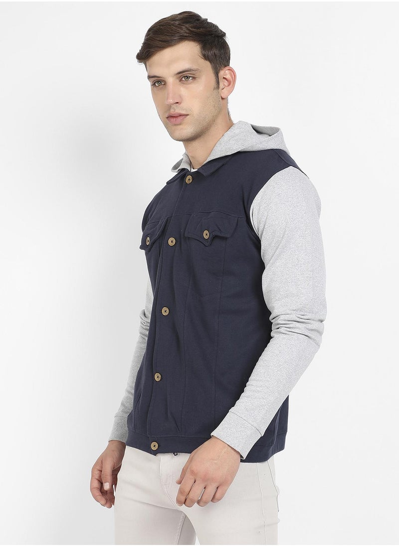 Campus Sutra Men's Grey & Navy Blue Button-Front Jacket With Contrast Detail  - Image 3