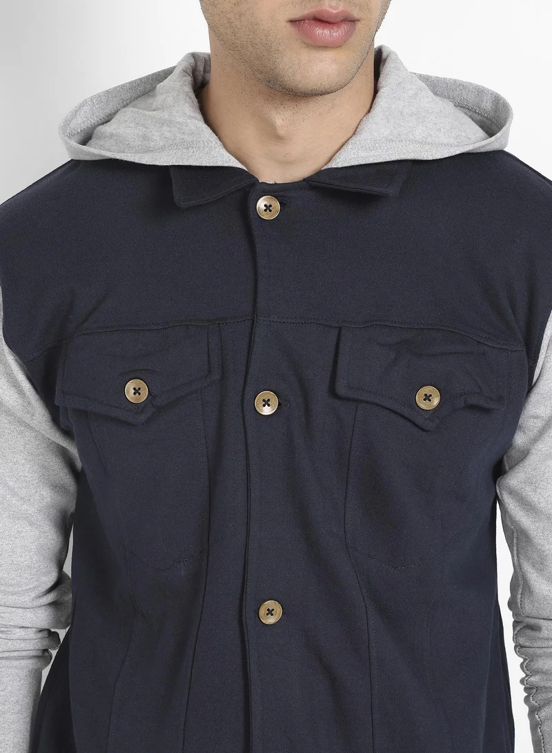Campus Sutra Men's Grey & Navy Blue Button-Front Jacket With Contrast Detail