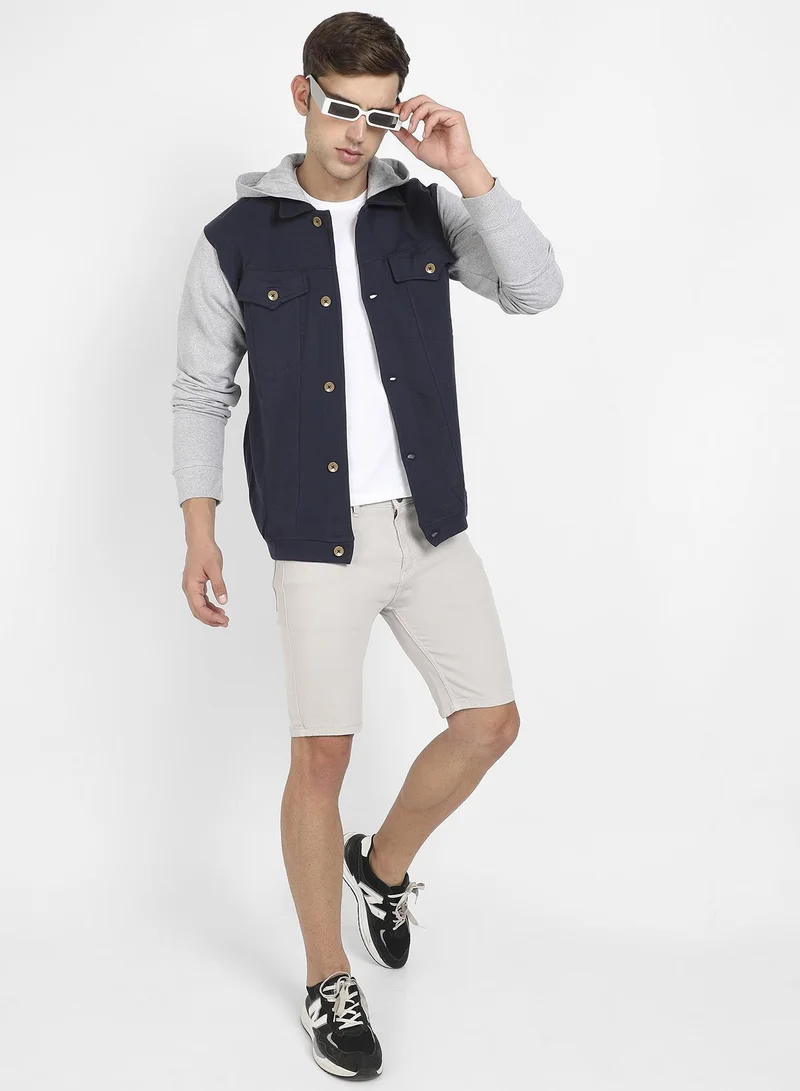 Campus Sutra Men's Grey & Navy Blue Button-Front Jacket With Contrast Detail