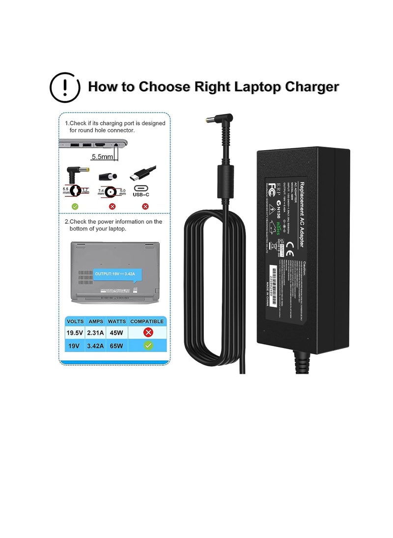 Generic - Acer Laptop Charger 65W/19V/3.42A AC Power Adapter Power Supply Replacement With Power Cord Compatible With Acer Aspire Acer ES1-511 E1 E3 E3-111 E5 and More - (5.5x1.7mm) - Image 1