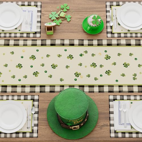 XCHI Watercolor Plaid Green Shamrocks Clovers St. Patrick's Day Table Runner Table Decoration for Party Home Kitchen Dining Holiday Decor 13x72 Inch - Image 4