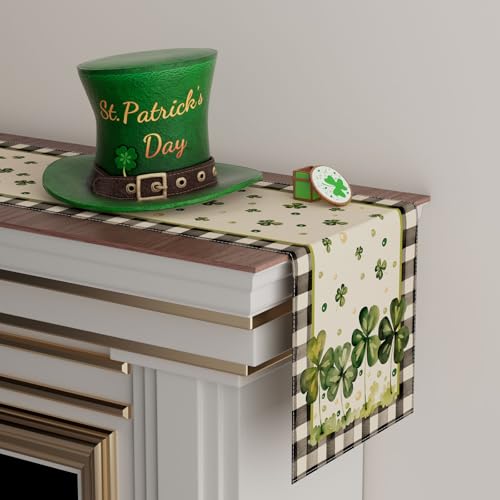 XCHI Watercolor Plaid Green Shamrocks Clovers St. Patrick's Day Table Runner Table Decoration for Party Home Kitchen Dining Holiday Decor 13x72 Inch - Image 3