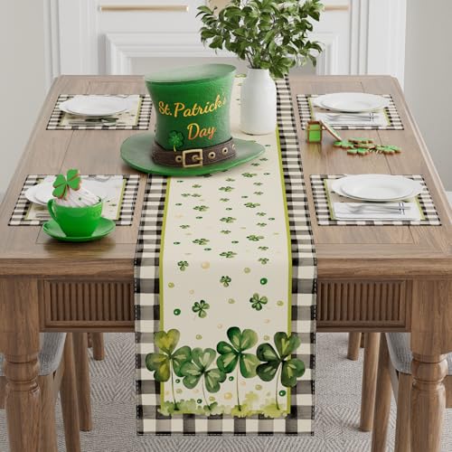 XCHI Watercolor Plaid Green Shamrocks Clovers St. Patrick's Day Table Runner Table Decoration for Party Home Kitchen Dining Holiday Decor 13x72 Inch - Image 2