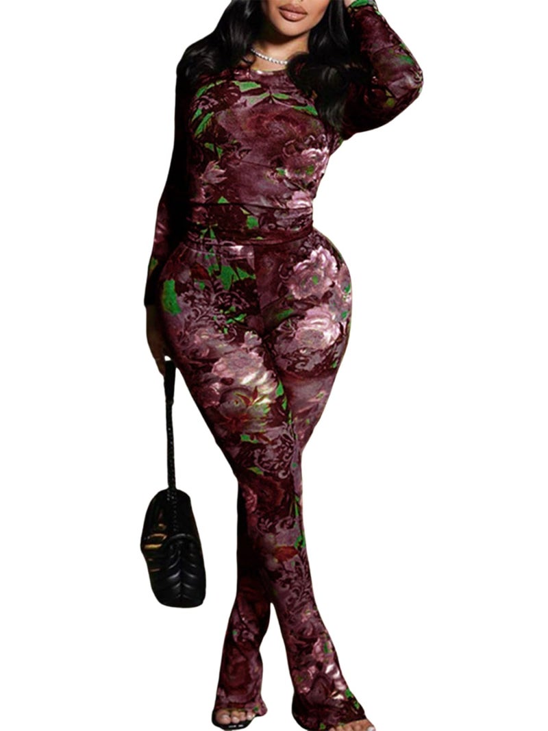 Uni Clau Womenâ€™s Sexy 2 Piece Set Floral Print See Through Mesh Long Sleeve Crew Neck Tops and Long Pants Sets Matching Set - Image 1