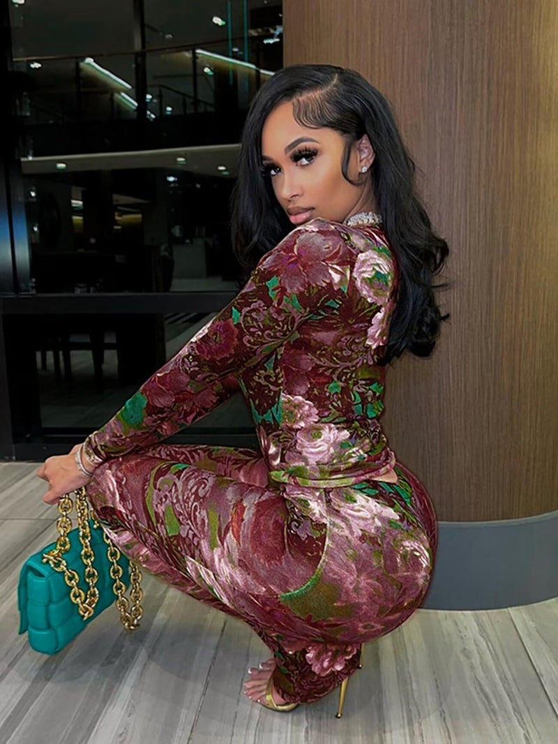 Uni Clau Womenâ€™s Sexy 2 Piece Set Floral Print See Through Mesh Long Sleeve Crew Neck Tops and Long Pants Sets Matching Set - Image 5