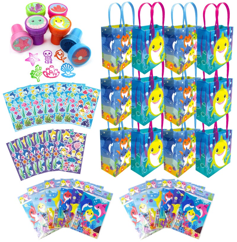TINYMILLS Shark Family Birthday Party Assortment Favor Set of 108 pcs 12 Large Party Favor Treat Bags with Handles 24 SelfInk Stamps for Kids 12 Sticker Sheets 12 Coloring Books 48 Crayons - Image 2